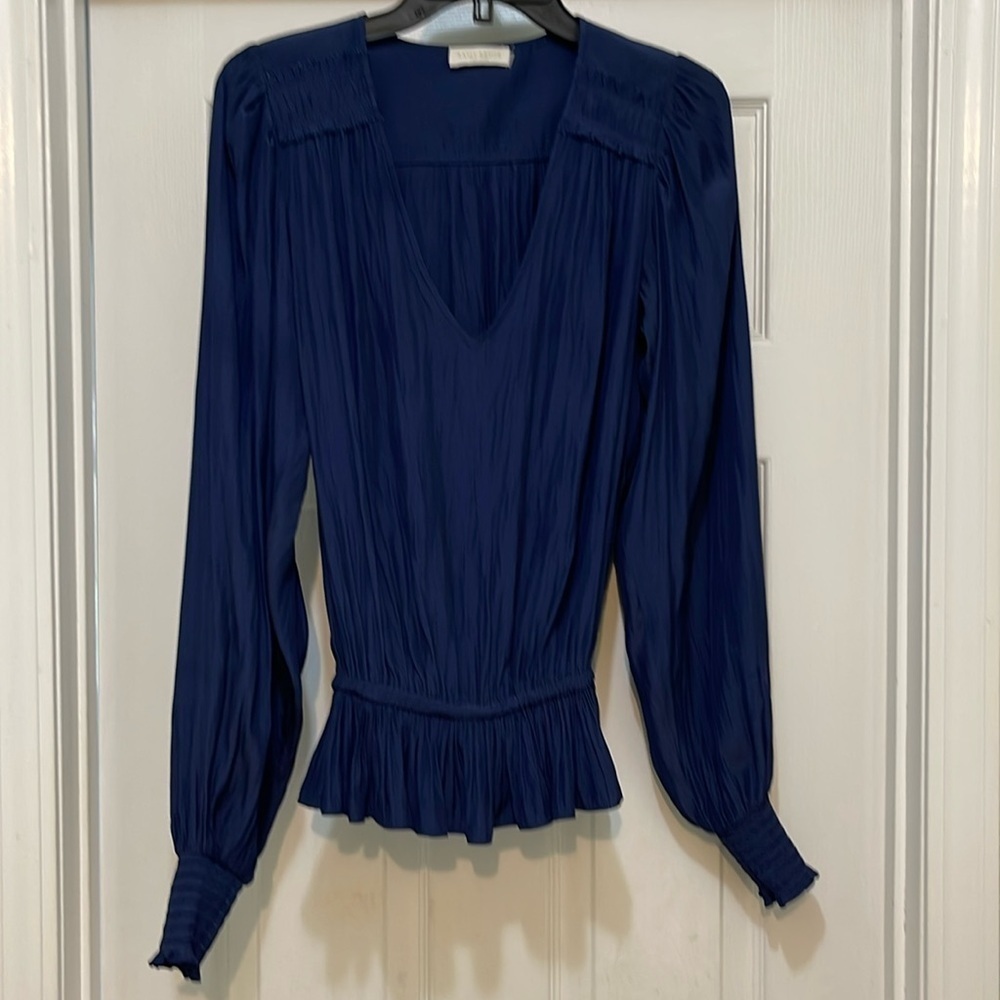 Army Brook - V Neck Navy Blue Women's Long Balloon Sleeve Top - size XS/S